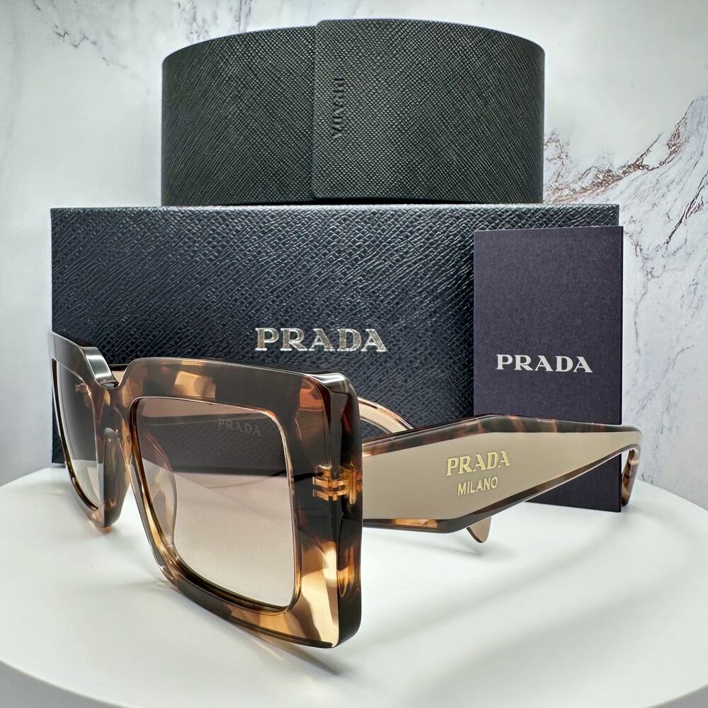 New PRADA Sunglasses Brown Beige Caramel Tortoise Gold Symbole Womens Rectangle - Picture 3 of 16